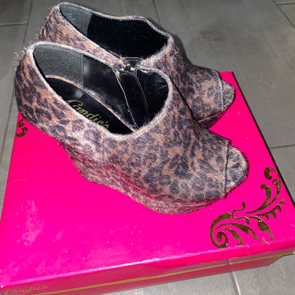 Candie’s | Leopard Print Peep Toe Wedge Ankle Boot